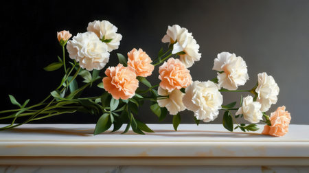 Dreamy arrangement of cream and blush carnations lit beautifully by sunの素材