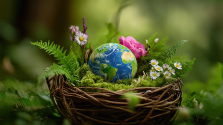 Earth resting in a floral nest of roses, ferns, and daisies within a charming garden basketの素材