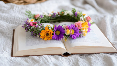 Flat lay of open pages with a vibrant floral crown resting across the centerの素材