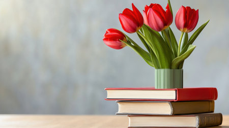 Elegant red tulips grow upward from a tall stack of books, representing knowledge and beautyの素材
