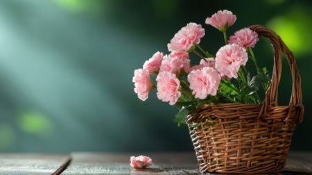Gentle sunlight spilling over blush carnations in a rustic basketの素材