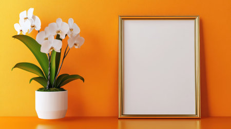 Glossy gold frame with orchids styled on a bright matte orange wallの素材