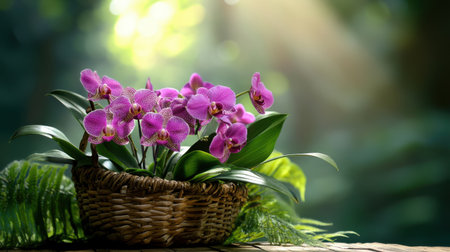 Natural basket full of orchid blooms and tropical foliage, set in warm sunlightの素材