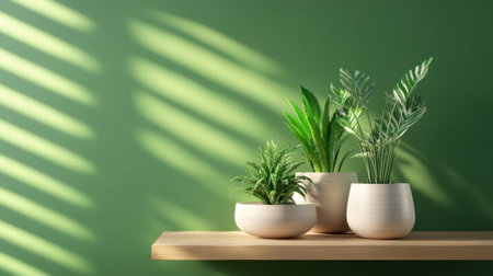 Modern home decor featuring trio of plants and a soothing green wallの素材