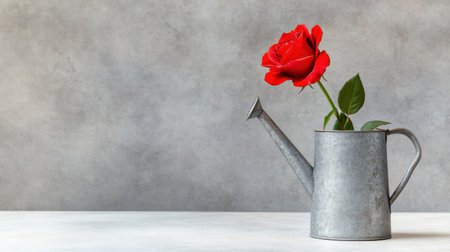 Minimalist shot of one rose in a rustic metal watering can on a plain surfaceの素材