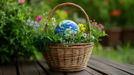 Natural basket lined with greenery and colorful blooms holding a small Earth globe, nature preservation themeの素材