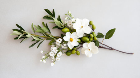 Minimalist bouquet of white blossoms and olive sprigs, styled for a rustic weddingの素材