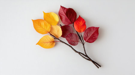 Minimalist composition of red and yellow leaves on sparse branches, symbolic of quiet fall beautyの素材