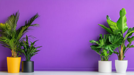 Modern indoor plant setup with vivid purple background for pop contrastの素材
