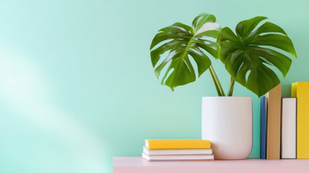 Monstera in a white pot perched on colorful books against a pastel wallの素材