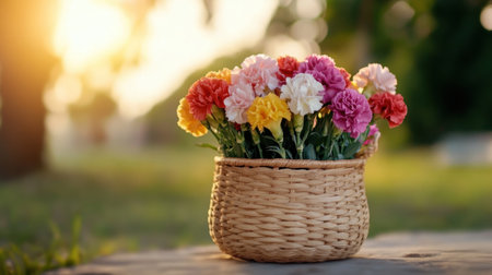 Natural woven basket filled with muted carnations under golden sunlightの素材