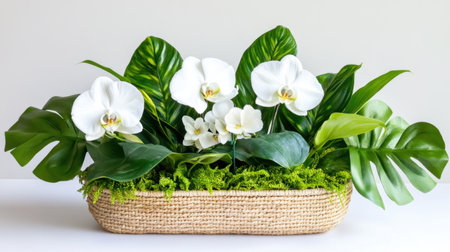 Orchids and tropical leaves in a handwoven basket, arranged in a lush, elegant displayの素材