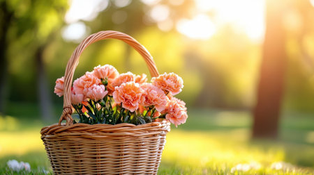 Natural woven basket filled with muted carnations under golden sunlightの素材