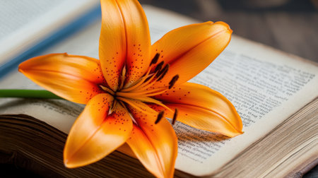 Orange lily petals spread across vintage book coversの素材