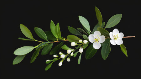 Olive leaves entwined with delicate white flowers, forming a graceful floral designの素材