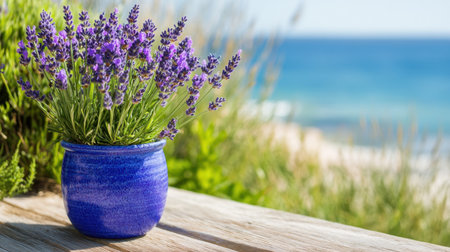 Ocean breeze ruffling lavender in a vivid ceramic pot on a beach deckの素材