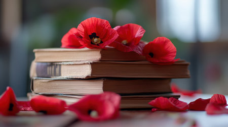 Poppies and petals spread across weathered books in afternoon lightの素材