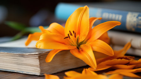 Orange lily petals spread across vintage book coversの素材