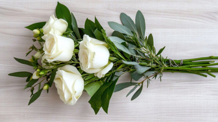 Olive foliage gently accenting a bouquet of white roses and ranunculusの素材