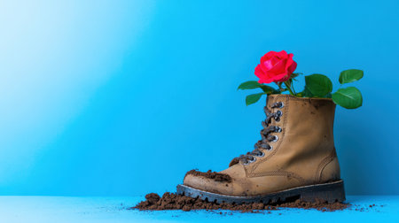 Quirky composition of rose and dirt in a vintage boot on blue canvasの素材