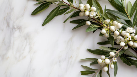 Olive leaves entwined with delicate white flowers, forming a graceful floral designの素材