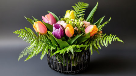Pastel tulips and fern leaves arranged beautifully in a metal basketの素材