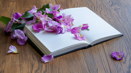 Open journal filled with pastel blooms, petals gently scattered on a wooden surfaceの素材