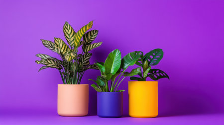 Potted plants with unique leaves placed in front of an electric purple backdropの素材