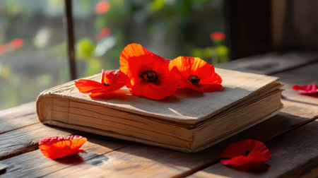Poppies and petals spread across weathered books in afternoon lightの素材