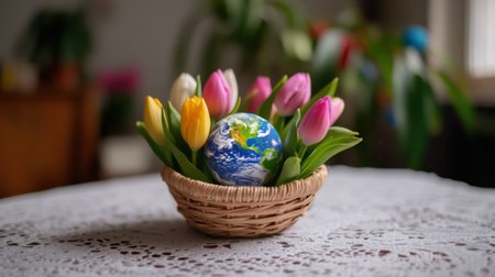 Pastel tulips encircle a tiny Earth nestled in a shallow basket, set on a lace tablecloth under soft lightの素材