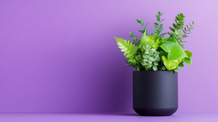 Potted greenery in a chic arrangement set before a rich purple backgroundの素材