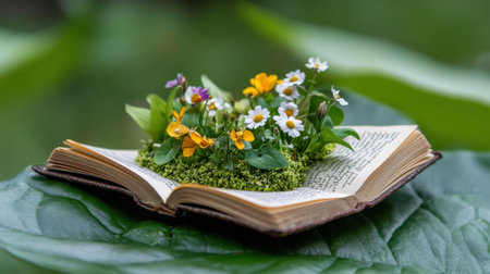 A literary garden: book pages cradling wildflowers atop a leafの素材
