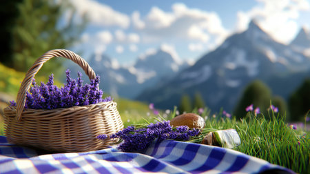 A picnic scene featuring a woven basket brimming with lavenderの素材