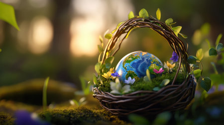 A symbolic planet Earth nested in a flower-filled basket with delicate vines and soft lightingの素材