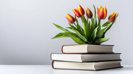 A surreal scene of tulips sprouting through the pages of a stacked book pile, isolated on whiteの素材