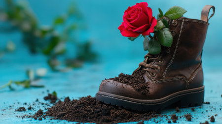 A single red rose in leather boot with scattered soil on cyan surfaceの素材