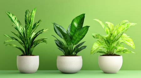 A soft green background complementing three unique potted houseplantsの素材