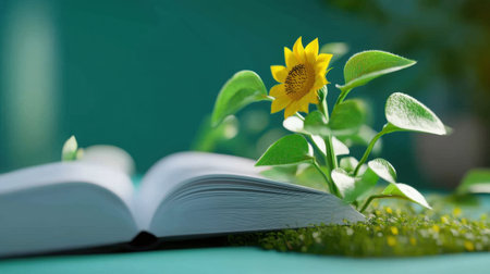 A whimsical scene where vibrant sunflowers sprout from the pages of blank white booksの素材