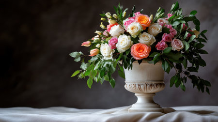 A romantic bouquet in an old urn, captured with moody lightingの素材