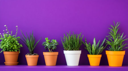 Assorted potted plants arranged artistically against a bold purple backgroundの素材