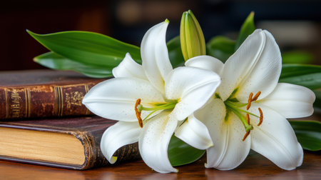 Beautifully arranged lilies resting on literary treasuresの素材