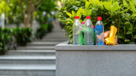Clean and organized recyclable items inside a gray concrete bin outdoorsの素材