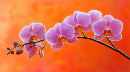 Bright and bold--gold-framed orchids on a fiery orange backdropの素材