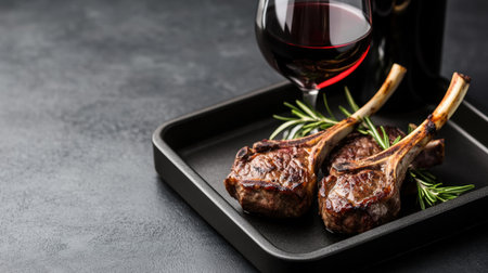 Charred lamb chops with rosemary served beside a glass of red wine, on a moody dark trayの素材