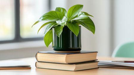 Green potted plant elevates a stack of literary classics on a deskの素材