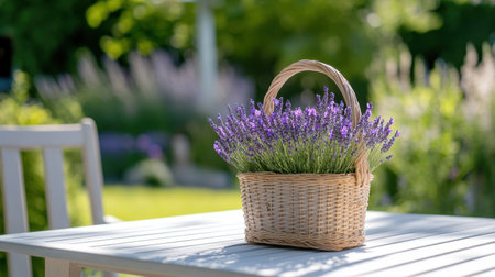 Decorative basket of lavender sitting on a sunny garden tableの素材