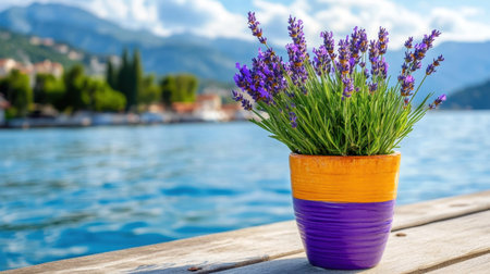 Colorful pot holding lavender blooms on a dock beside the seaの素材