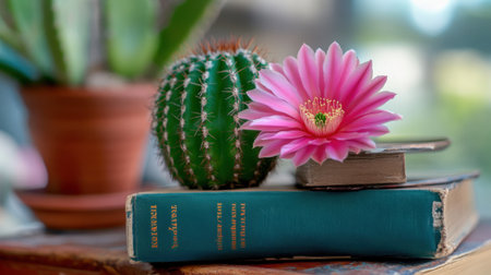 Pink cactus flower blooms on top of vintage books, styled with desert accentsの素材