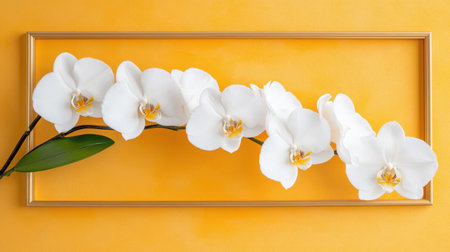 Rich orange tones contrast a metallic gold frame with white orchidsの素材