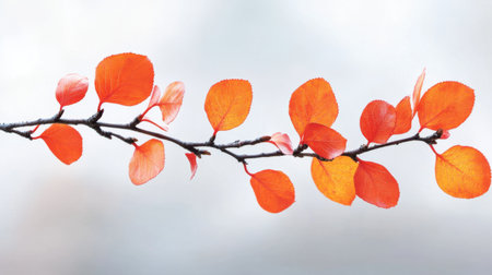 Isolated branches with fiery orange and red leaves, captured in early morning lightの素材